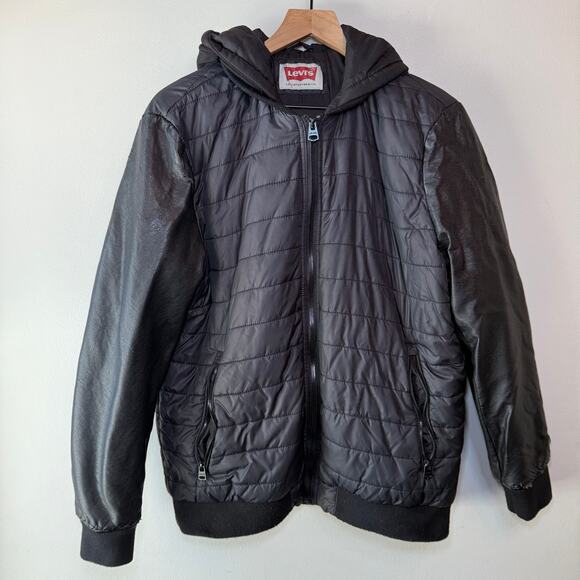 Levi's Men's Faux Leather Sleeves Full Zip Hooded Jacket Black Size Large - Picture 1 of 10